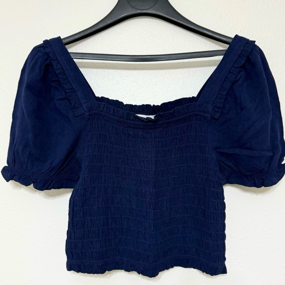 Monteau Linen Blend Navy Elastic Ruched Bodice Puff Sleeves Junior’s Cropped Top